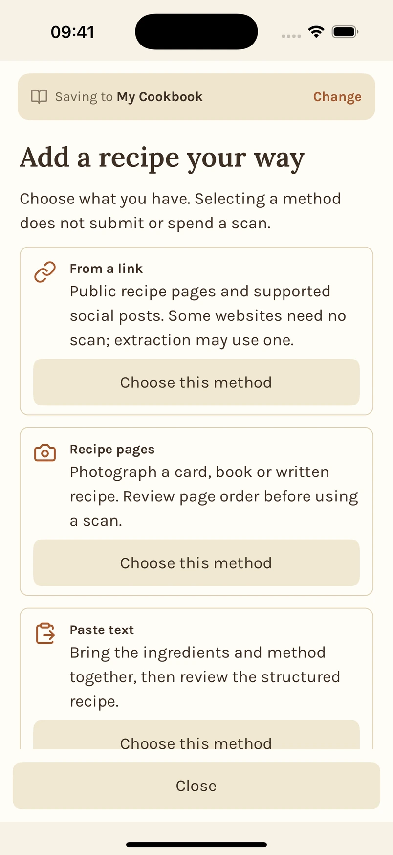 Tradish capture screen with ways to add a recipe