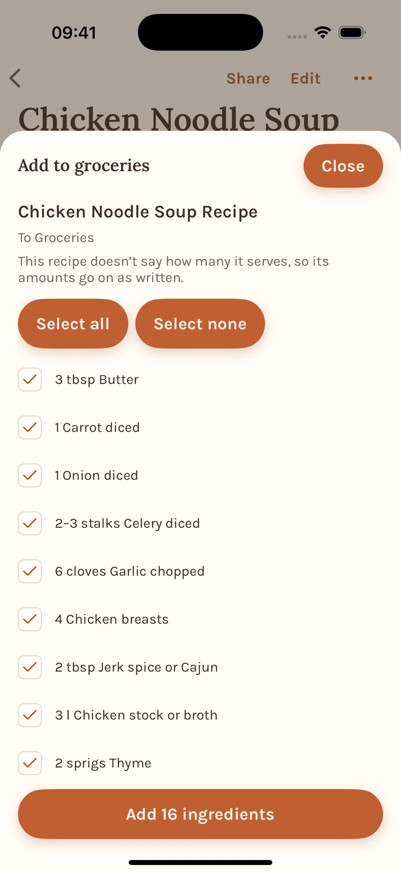 Selecting a recipe’s ingredients to add to a grocery list in Tradish