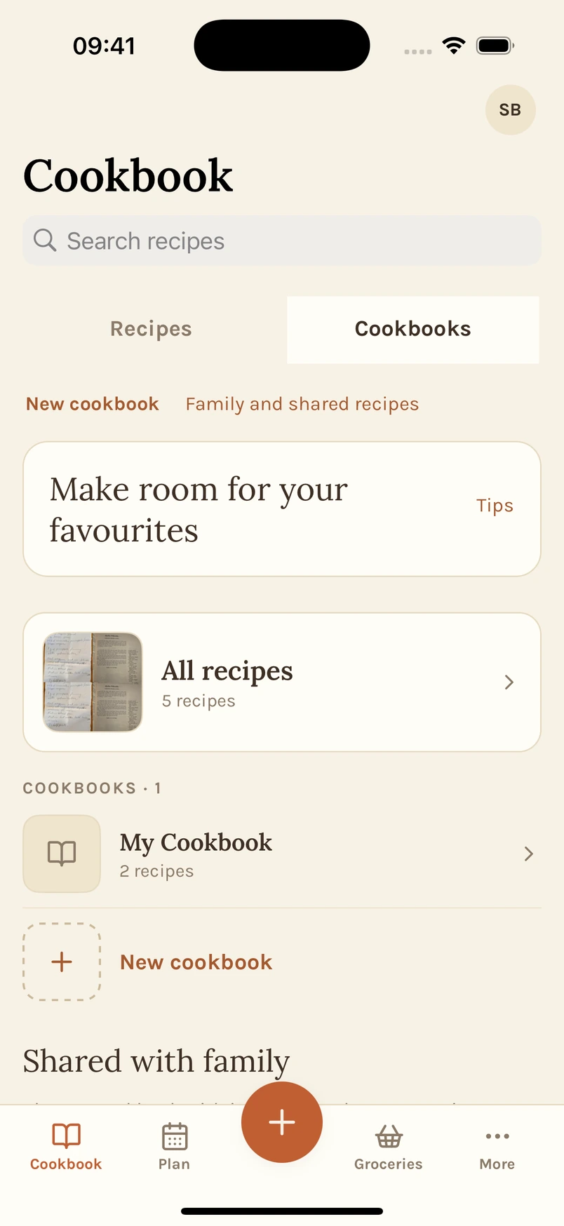 Cookbooks and recipe organization in Tradish
