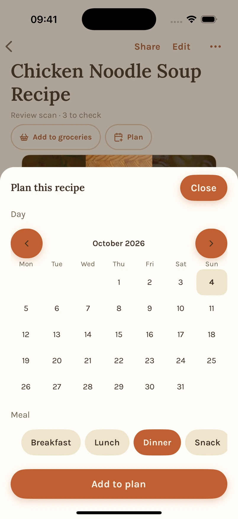 Choosing a date and meal for a recipe in Tradish